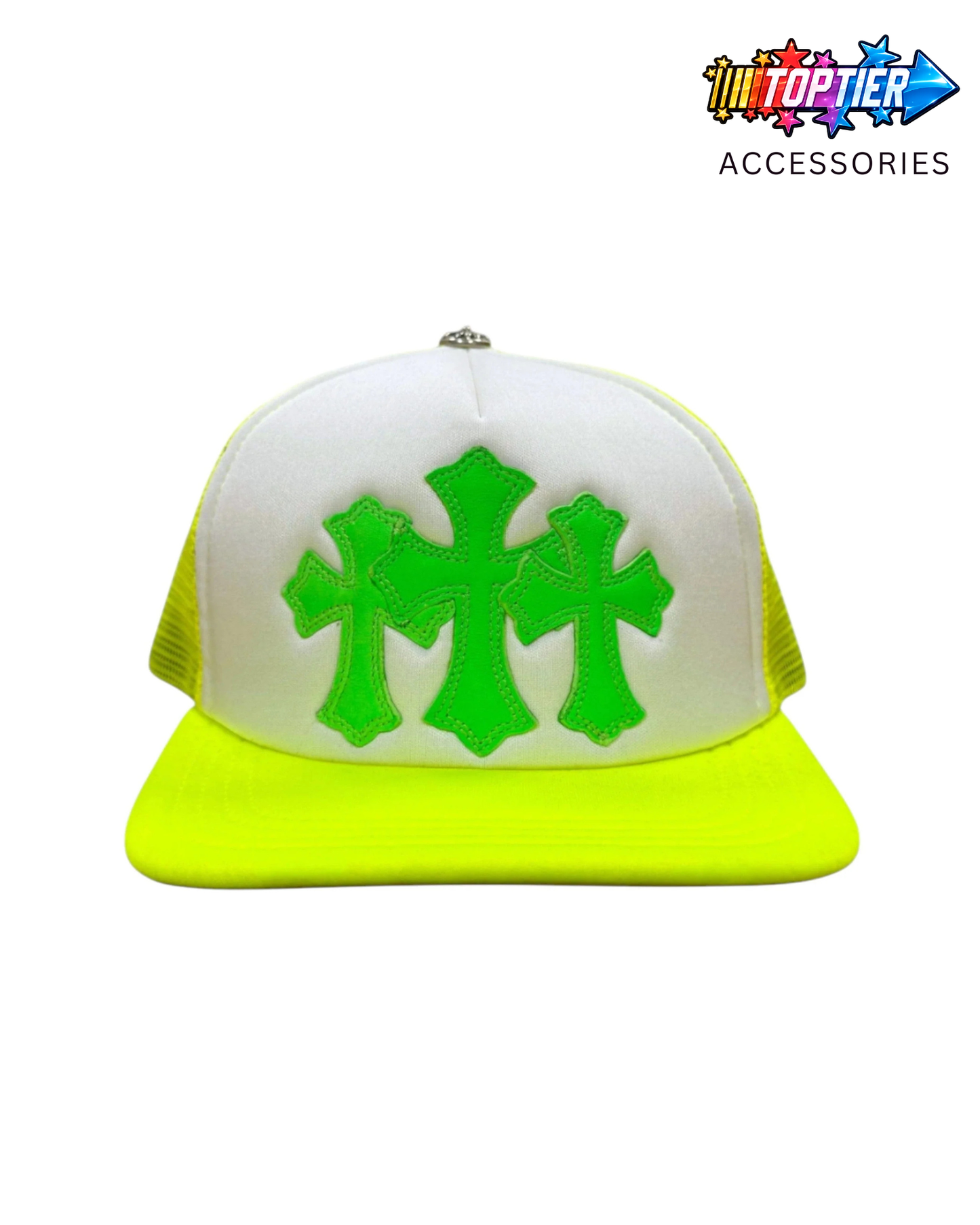 Chrome Hearts Cemetery Cross Patch Trucker Hat - Neon Green
