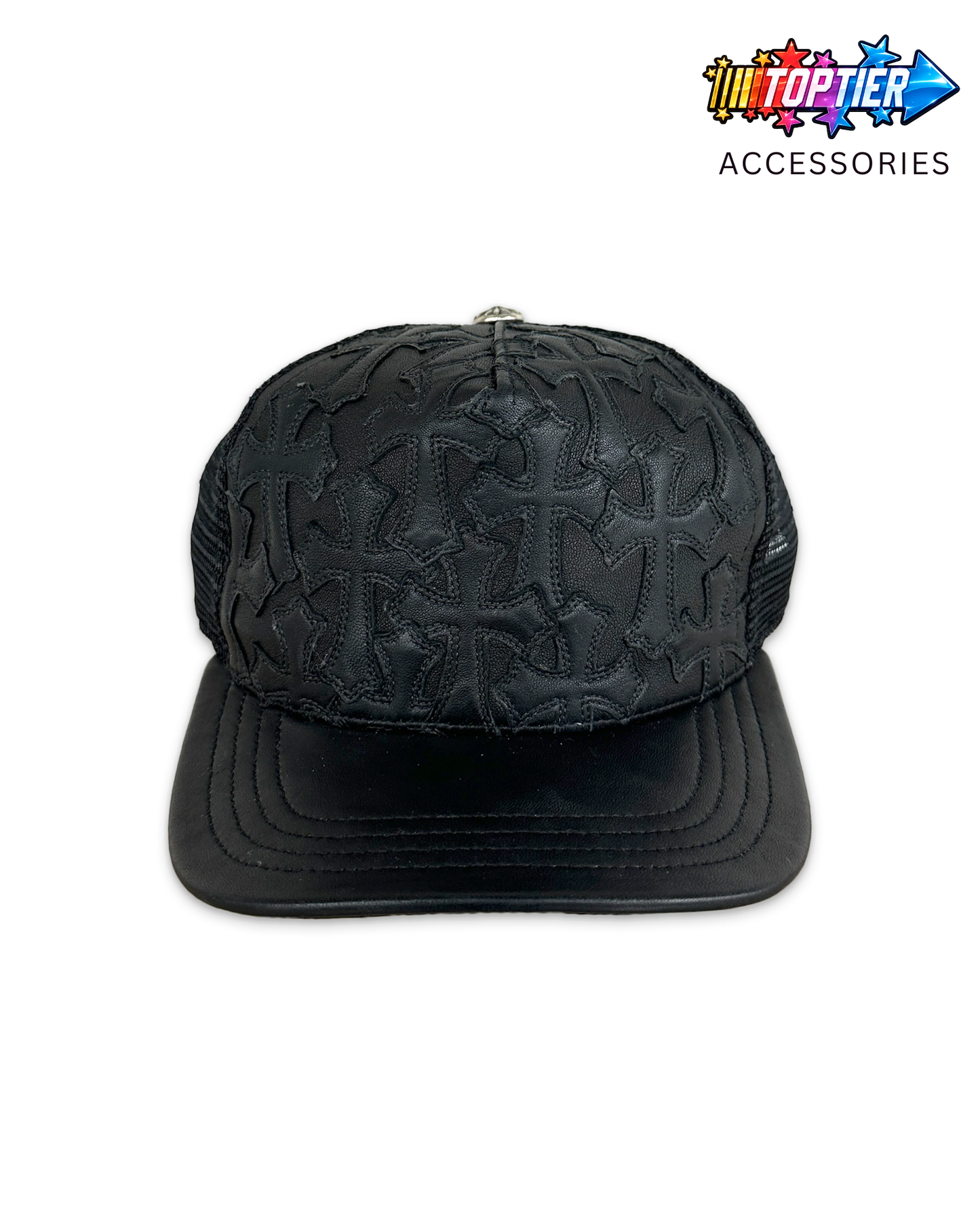Chrome Hearts Cemetary Cross Leather Stitched Trucker Hat - Black