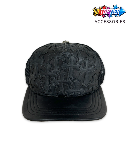 Chrome Hearts Cemetary Cross Leather Stitched Trucker Hat - Black