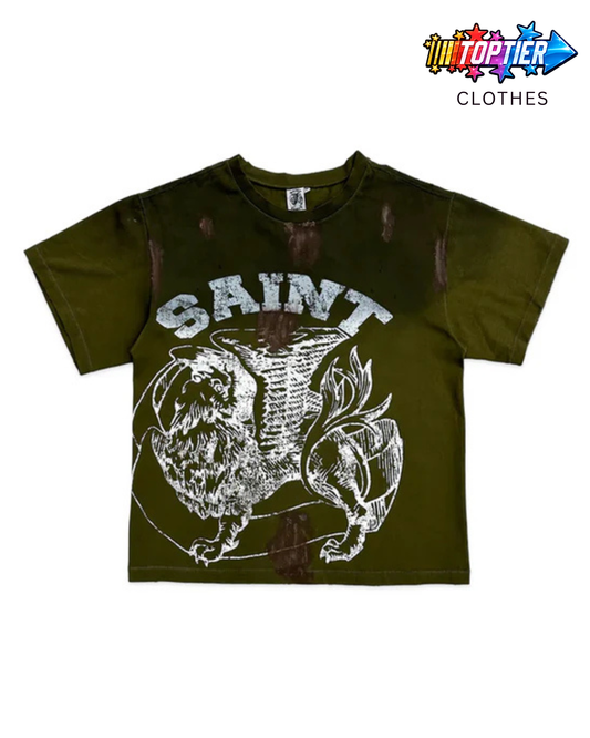 Saint Vanity Griffin Tee DIstressed Washed Green